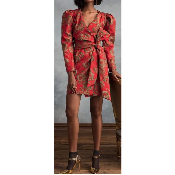 Happy X Nature Kate Hudson Women's Mini Dress Red/Gold Embroidered Glam Size 6 - Picture 1 of 16